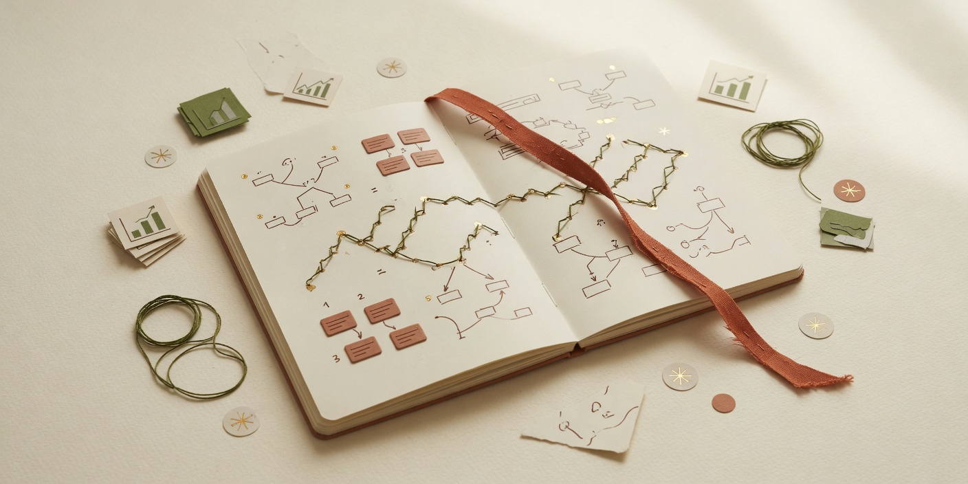 暖色調編輯風插畫：翻開的SEO筆記本，周圍環繞關鍵字、連結與排名圖示，象徵完整的SEO知識地圖