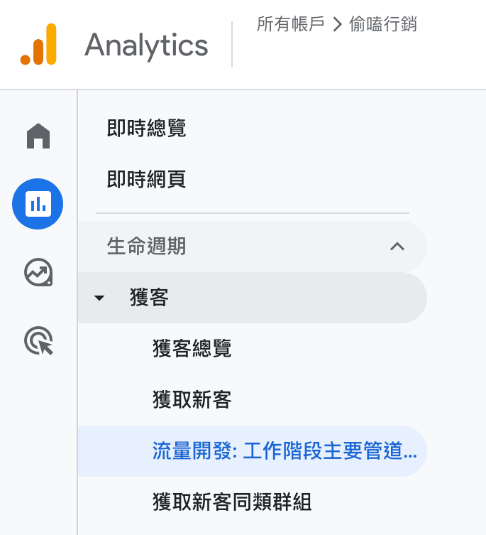 Google Analytics > 「報表」＞「獲客」查看自然流量